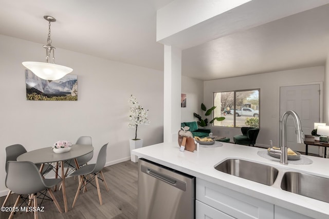 kitchen with light countertops, stainless steel dishwasher, a sink, and white cabinets