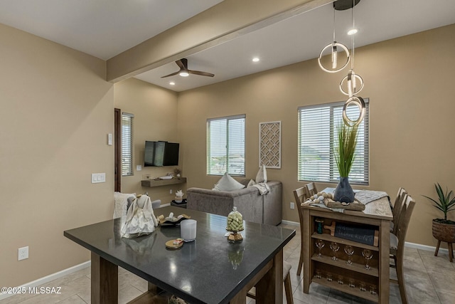 dining space featuring light tile patterned floors, ceiling fan, baseboards, and recessed lighting