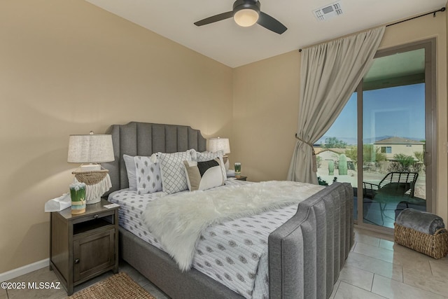 bedroom with light tile patterned floors, visible vents, a ceiling fan, access to outside, and baseboards