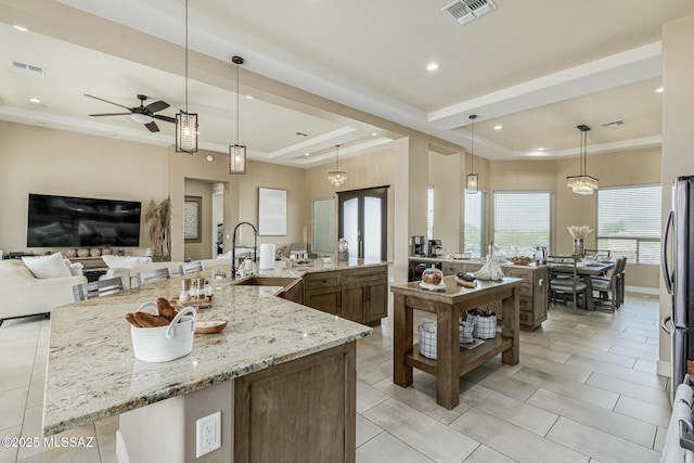 kitchen with a tray ceiling, a sink, and visible vents