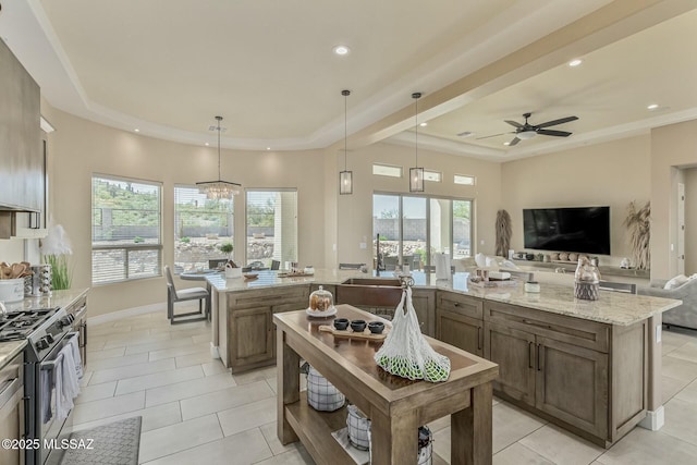 kitchen with stainless steel gas stove, a raised ceiling, a large island, light stone counters, and open floor plan