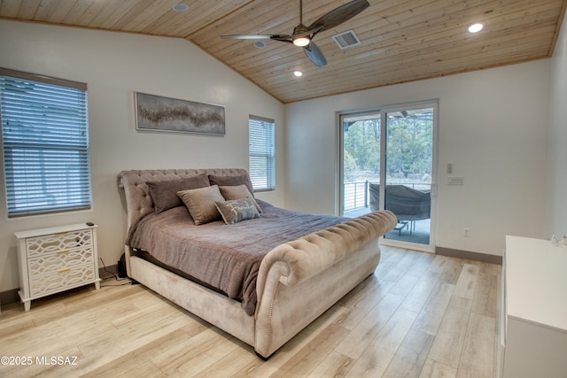 bedroom with vaulted ceiling, light wood-type flooring, wooden ceiling, and access to exterior