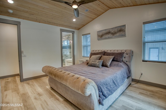 bedroom featuring lofted ceiling, wooden ceiling, baseboards, and light wood-style floors