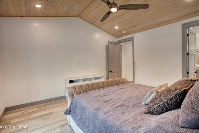 bedroom featuring light wood finished floors, recessed lighting, vaulted ceiling, wooden ceiling, and baseboards