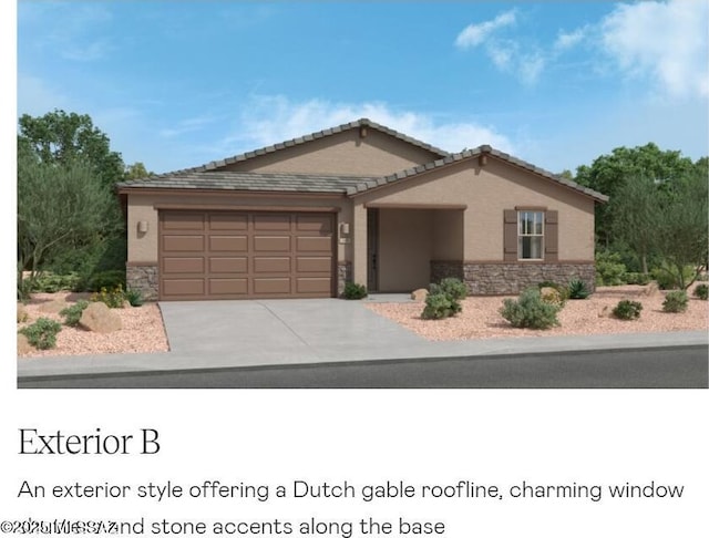 view of front facade featuring stucco siding, an attached garage, stone siding, driveway, and a tiled roof