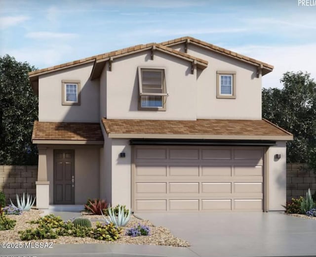 view of front facade with an attached garage, driveway, fence, and stucco siding