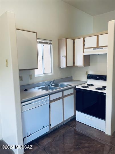 kitchen with range with electric cooktop, dishwasher, light countertops, under cabinet range hood, and a sink