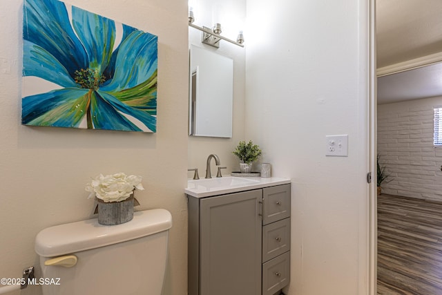 bathroom with vanity, toilet, and wood finished floors