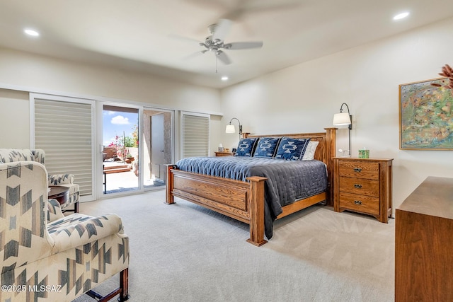 bedroom with recessed lighting, light colored carpet, ceiling fan, and access to outside