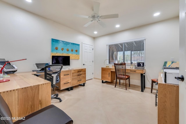 office space with recessed lighting, baseboards, and a ceiling fan