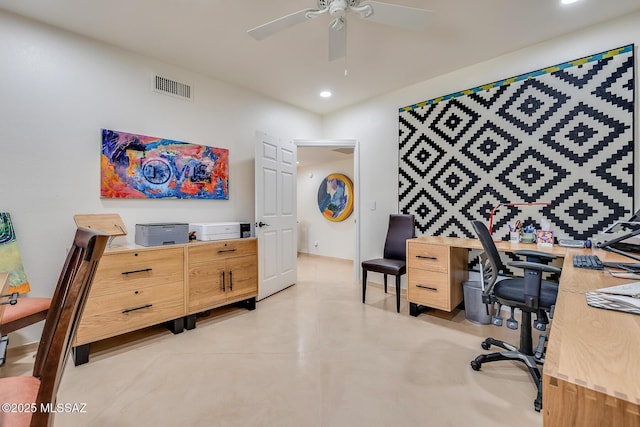 office space with recessed lighting, visible vents, finished concrete floors, and a ceiling fan