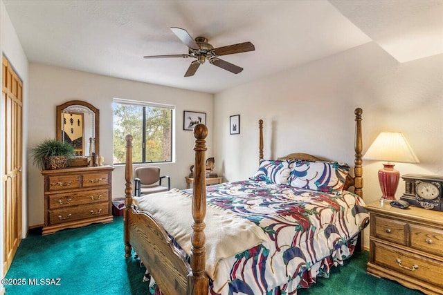 carpeted bedroom with ceiling fan