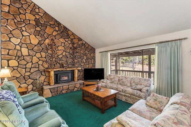 living area with a wood stove, carpet floors, and vaulted ceiling