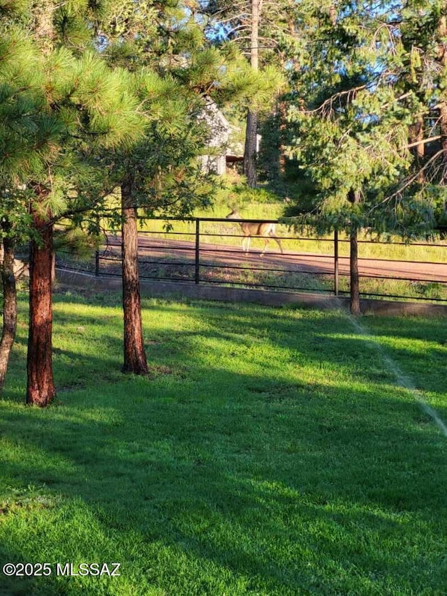 view of property's community featuring fence and a lawn