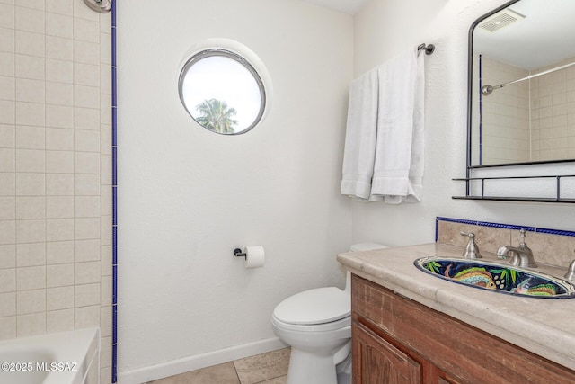 full bath featuring toilet, visible vents, baseboards, vanity, and tile patterned floors