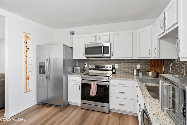 kitchen with stainless steel appliances, white cabinets, decorative backsplash, and light wood finished floors