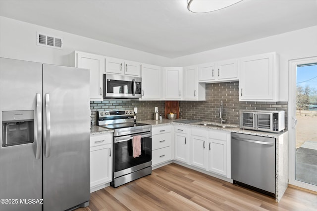 kitchen featuring white cabinets, visible vents, stainless steel appliances, and a sink