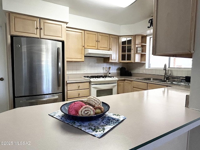 kitchen featuring under cabinet range hood, backsplash, white range with gas stovetop, and freestanding refrigerator