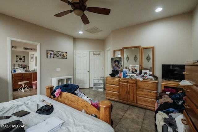bedroom featuring recessed lighting, a closet, visible vents, a ceiling fan, and tile patterned flooring