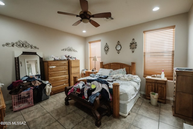 bedroom with a ceiling fan, recessed lighting, visible vents, and light tile patterned floors