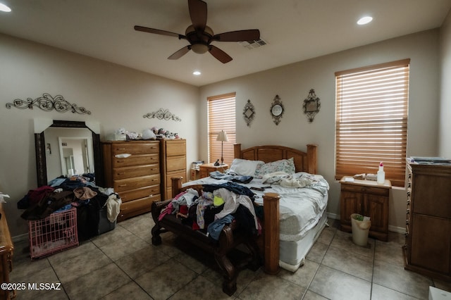 bedroom featuring recessed lighting, visible vents, ceiling fan, and light tile patterned floors