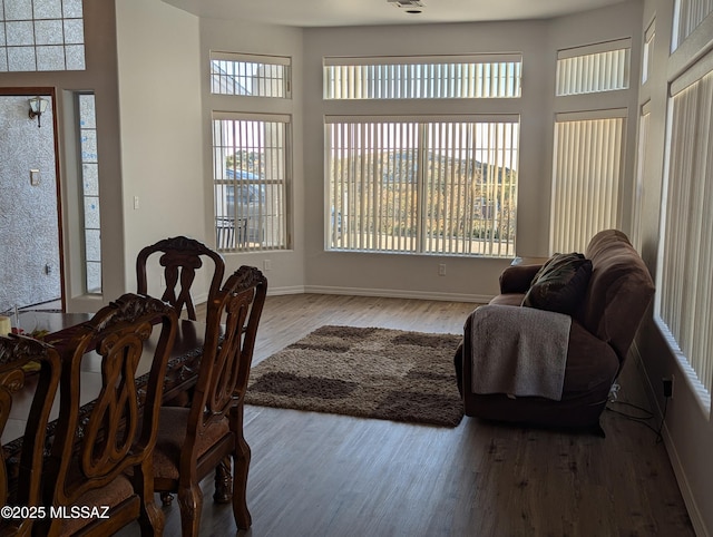 living room with plenty of natural light, wood finished floors, and baseboards