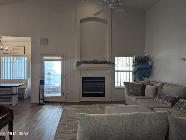 living room featuring a glass covered fireplace, wood finished floors, a high ceiling, and a healthy amount of sunlight