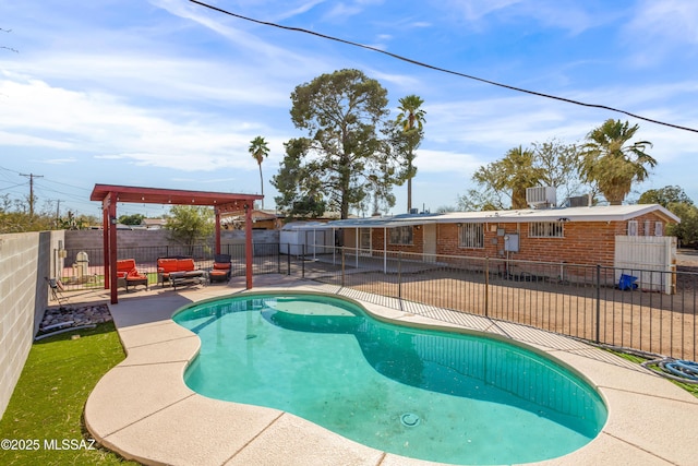 view of pool with a fenced in pool, a patio area, a fenced backyard, and central air condition unit