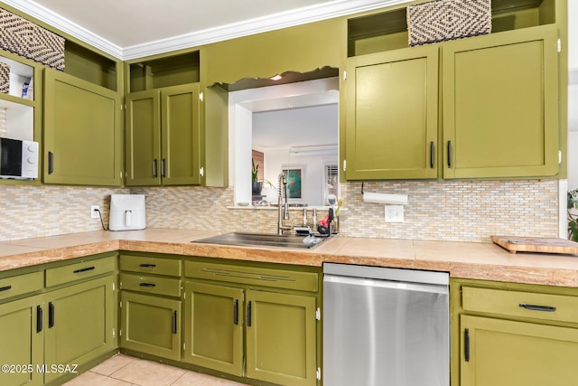 kitchen with a sink, open shelves, stainless steel dishwasher, crown molding, and light countertops