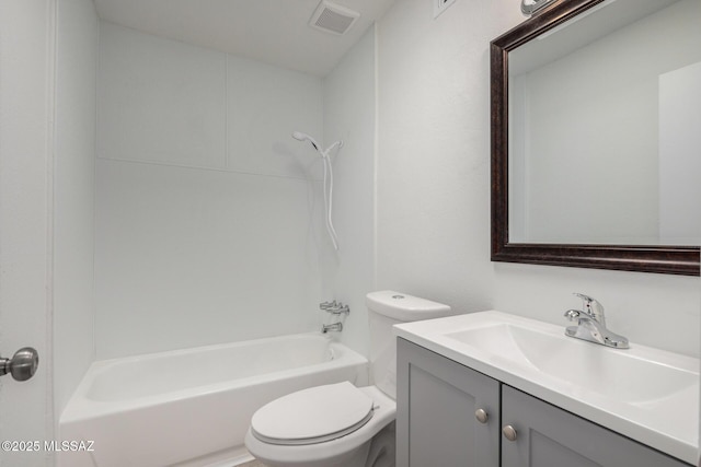 full bath with shower / bath combination, visible vents, toilet, and vanity