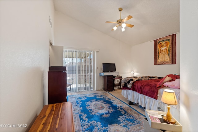 carpeted bedroom featuring ceiling fan, access to outside, and high vaulted ceiling