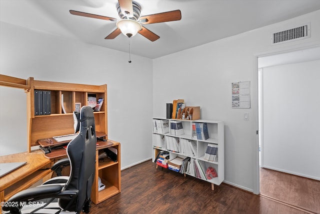 office featuring ceiling fan, visible vents, baseboards, and wood finished floors