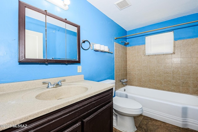 full bath featuring visible vents, toilet, shower / bathtub combination, tile patterned flooring, and vanity