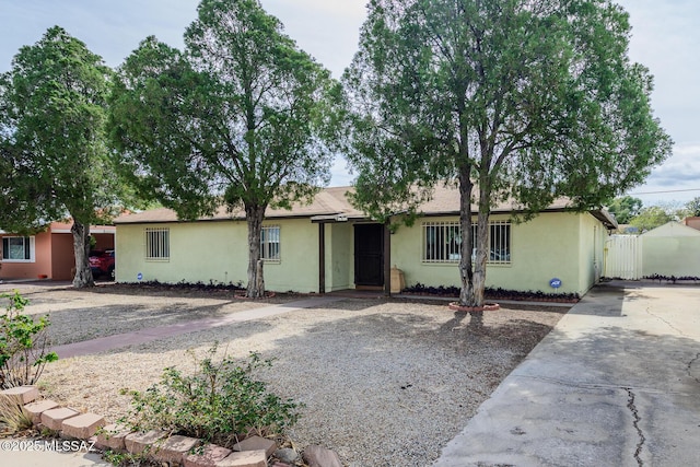 single story home featuring fence and stucco siding