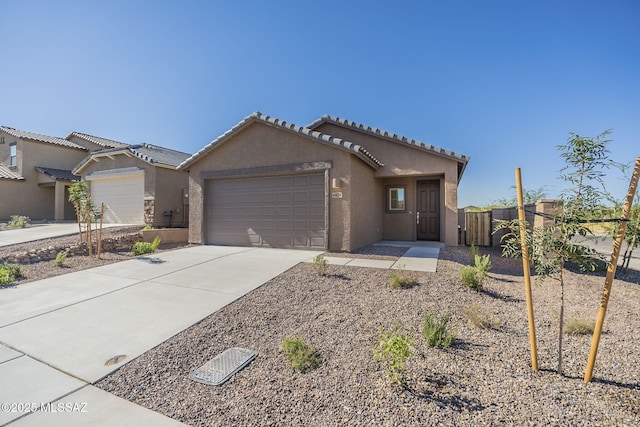 6826 E Paseo Berceo, Tucson, AZ 85756 - ranch-style house featuring stucco siding, an attached garage, concrete driveway, a gate, and a tiled roof