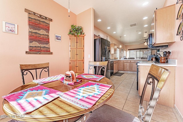 dining room featuring light tile patterned flooring, visible vents, a ceiling fan, and recessed lighting