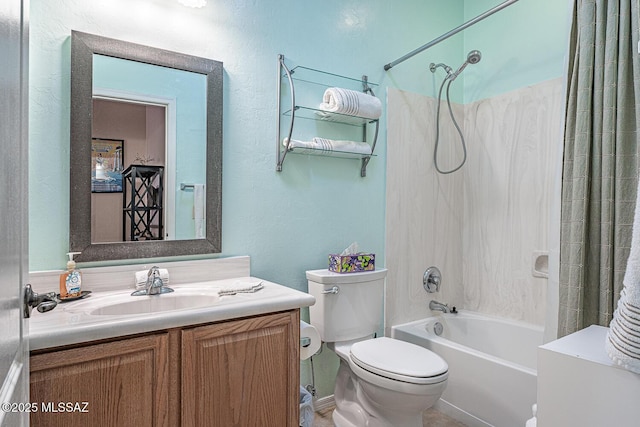 bathroom with a textured wall, shower / tub combo with curtain, vanity, and toilet