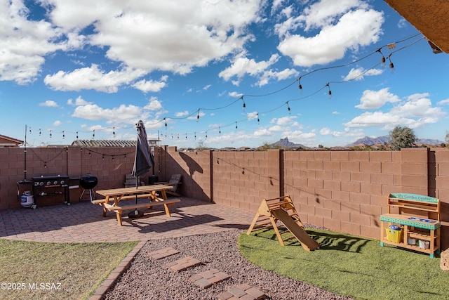 view of yard with a patio and a fenced backyard