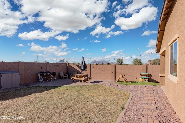 view of yard with a patio and a fenced backyard