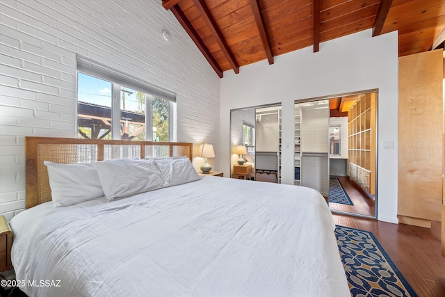 bedroom featuring wood finished floors, beamed ceiling, wood ceiling, and high vaulted ceiling