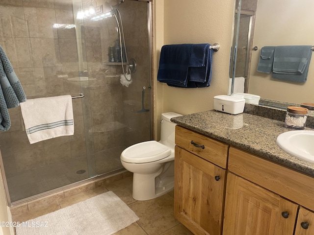 full bath with vanity, a shower stall, toilet, and tile patterned flooring