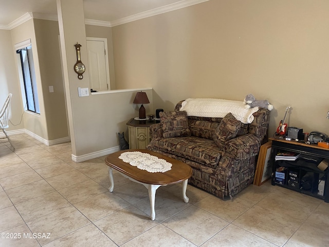 living room featuring light tile patterned floors, baseboards, and crown molding