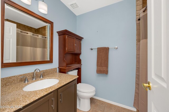 63606 E Desert Peak Dr, Tucson, AZ 85739 - full bathroom featuring visible vents, toilet, a shower with shower curtain, tile patterned floors, and vanity