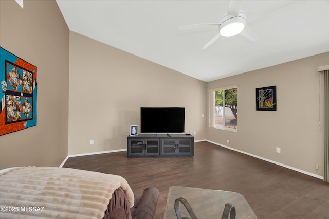 63606 E Desert Peak Dr, Tucson, AZ 85739 - bedroom with dark wood finished floors, a ceiling fan, baseboards, and vaulted ceiling