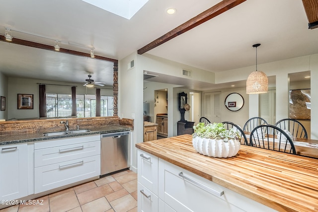 kitchen featuring visible vents, stainless steel dishwasher, white cabinetry, a sink, and butcher block countertops