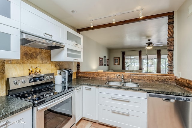 kitchen with under cabinet range hood, stainless steel appliances, a sink, white cabinetry, and decorative backsplash