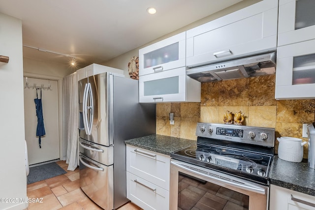 kitchen featuring white cabinets, under cabinet range hood, and stainless steel appliances