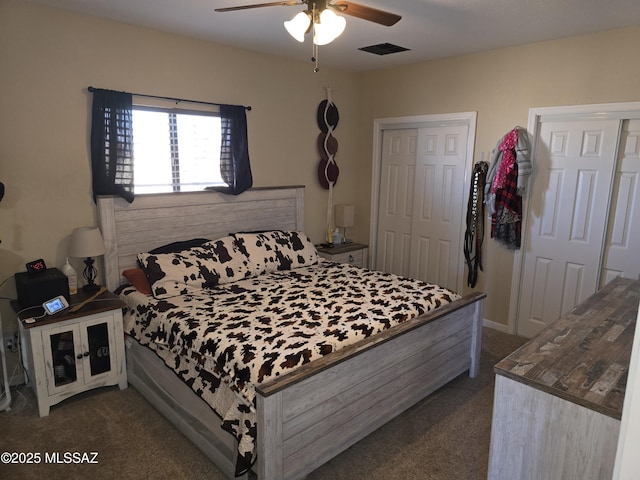 bedroom with dark colored carpet, visible vents, and ceiling fan