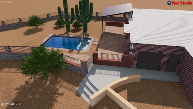view of pool with fence, a fenced in pool, and a patio