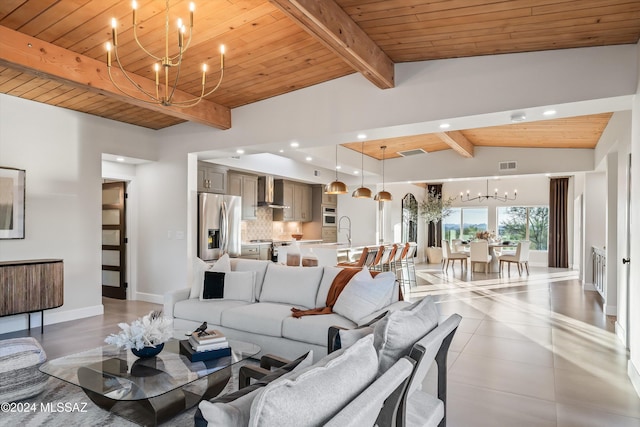 living area with a mountain view, a brick fireplace, wooden ceiling, and a notable chandelier